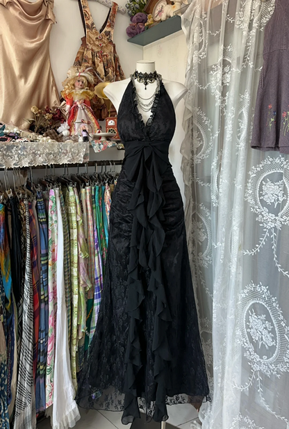 Black halter neck slim waist sexy long ball gown R6127