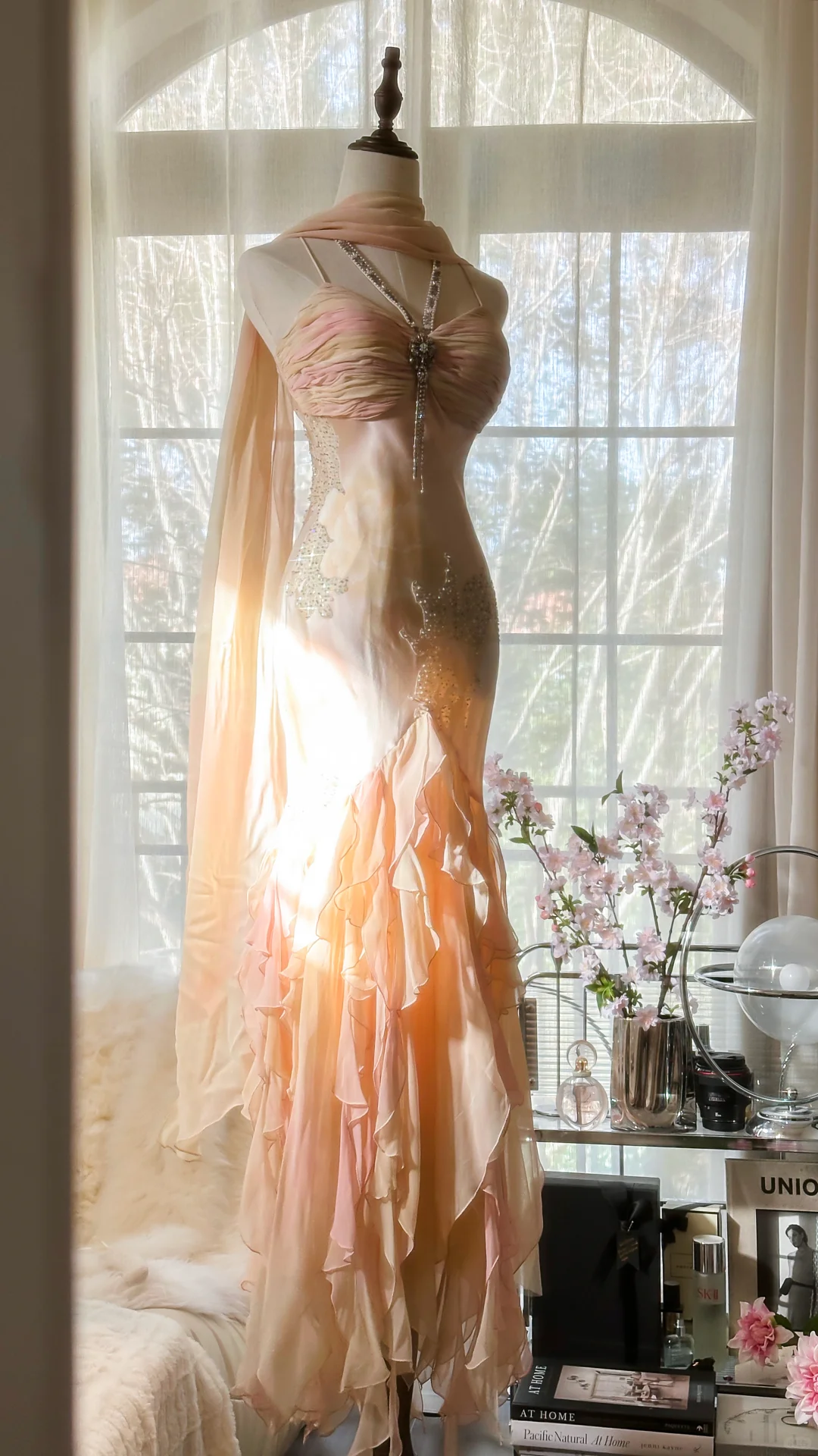 Fairy Pink Spaghetti Straps Mermaid Beaded Long Evening Dresses Birthday Outfits, D1071