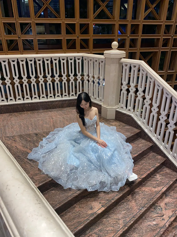 Light blue strapless, fitted waist, full skirt long ball gown R8367