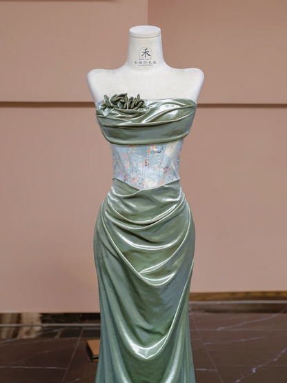 Olive green strapless waist-cinching sexy long ball gown R8334