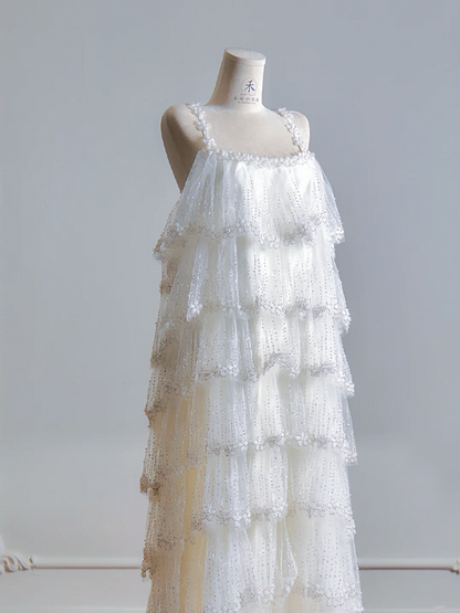 White halter-neck cake skirt long ball gown R8139