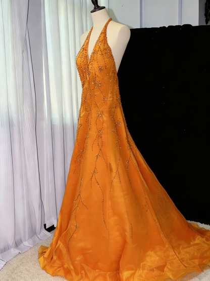 Vintage Halter V Neck Orange Tulle Beaded Mermaid Long Evening Dress Backless Birthday Dress SP2050