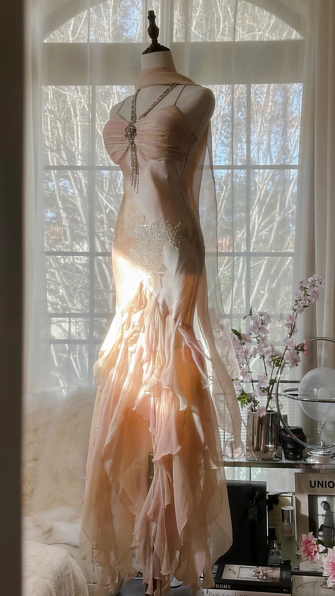 Fairy Pink Spaghetti Straps Mermaid Beaded Long Evening Dresses Birthday Outfits, D1071