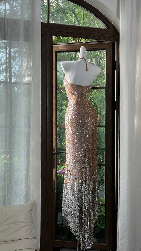 Champagne pink halter neck fitted waist sequined long ball gown R7640