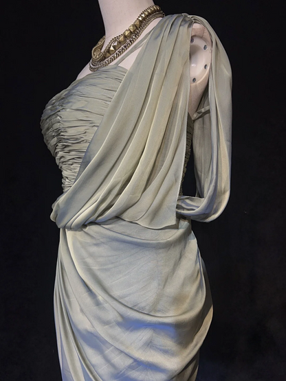 Light gray tube top pleated waist satin hip-length asymmetrical skirt homecoming dress R4995
