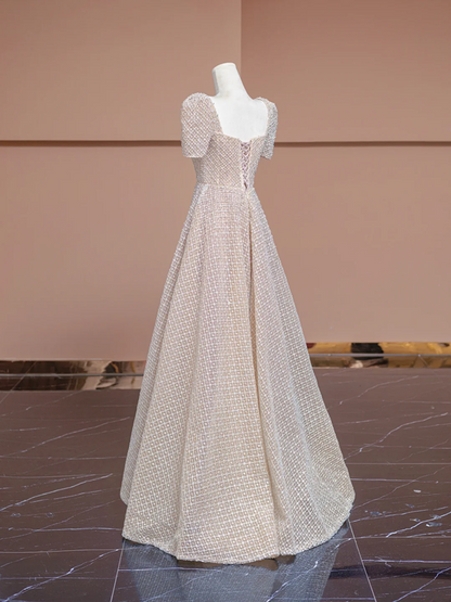 Nude pink square neckline, fitted waist, A-line skirt, long elegant ball gown, bridal dress R8305
