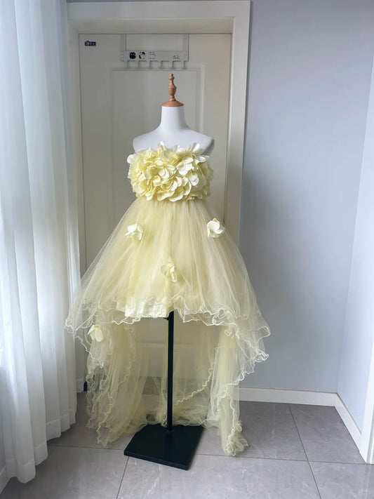 New Homecoming Dress Strapless Tulle Flower Hi-Lo Back to School Outfits Party Dress  D6487