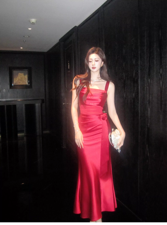 Pretty Red Spaghetti Straps Satin Pleated Mermaid Long Wedding Guest Dress Formal Evening Dress D2180