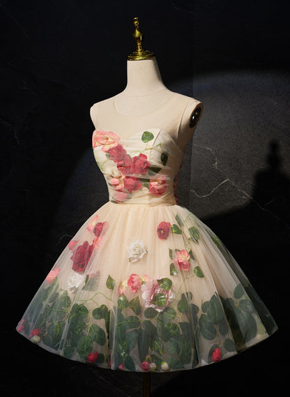 Cute Light Champagne Tulle with Flowers Party Dress, Cute Short Prom Dress Party Dress