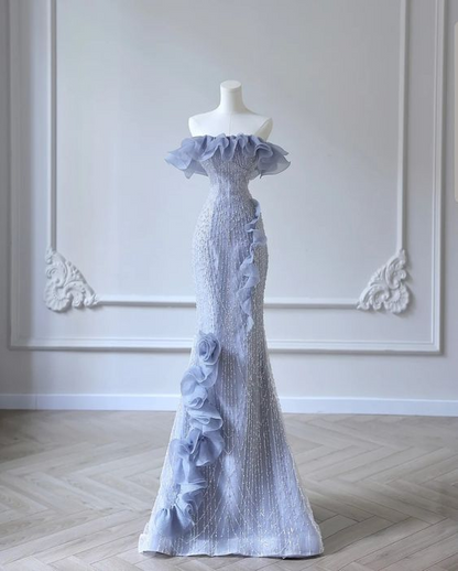 Blue one-shoulder ruffled waist slim-fitting hip maxi dress, prom dress R5615