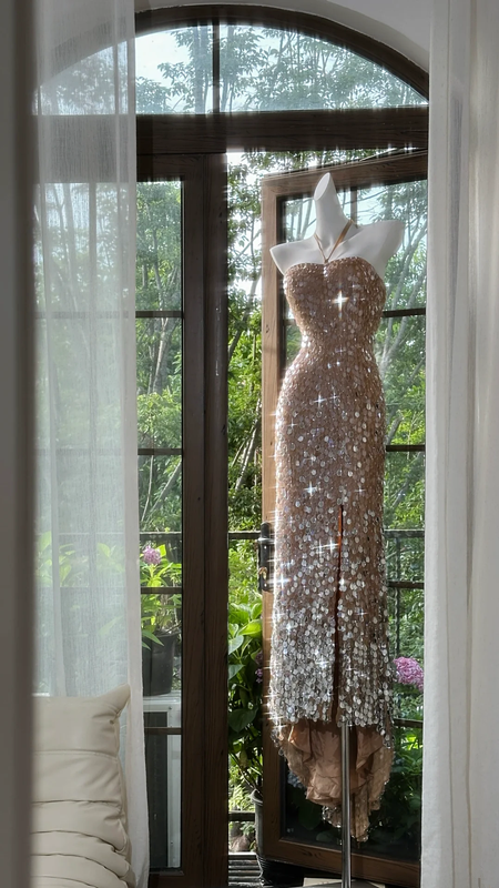 Champagne pink halter neck fitted waist sequined long ball gown R7640