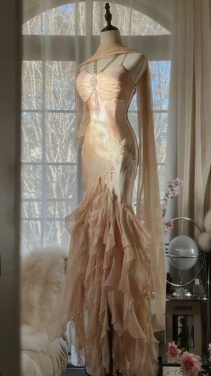 Fairy Pink Spaghetti Straps Mermaid Beaded Long Evening Dresses Birthday Outfits, D1071