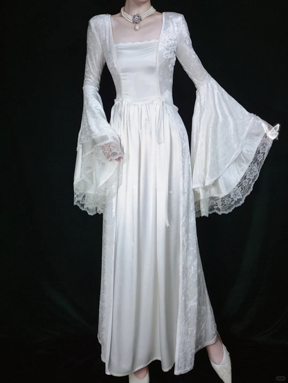 Retro White Long Sleeves A-Line Lace Long Formal Prom Dresses Evening Gowns, D1155