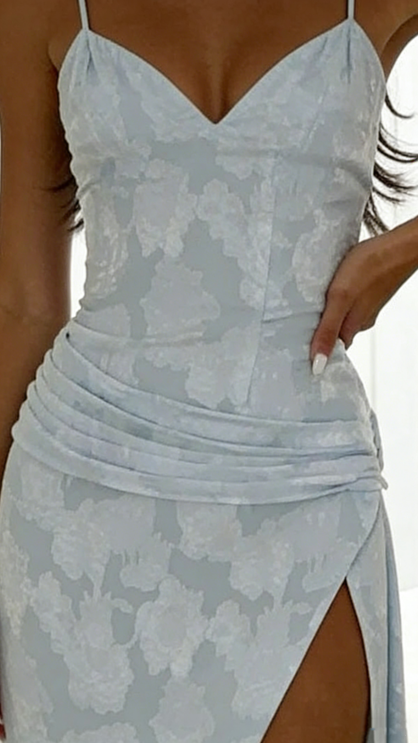 Elegant Spaghetti Straps Blue Print Floral Long Prom Dress Slit Evening Dress SP2041