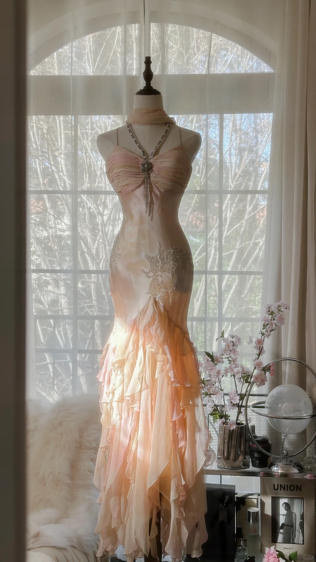 Fairy Pink Spaghetti Straps Mermaid Beaded Long Evening Dresses Birthday Outfits, D1071