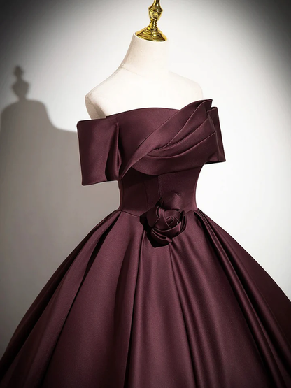 Dark Burgundy Satin Elegant A-Line Off Shoulder Evening Gown Formal Party Dress MD7178