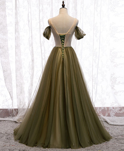 Dark Green Off Shoulder Lace-up Formal Dress, Green Long Bridesmaid Dress