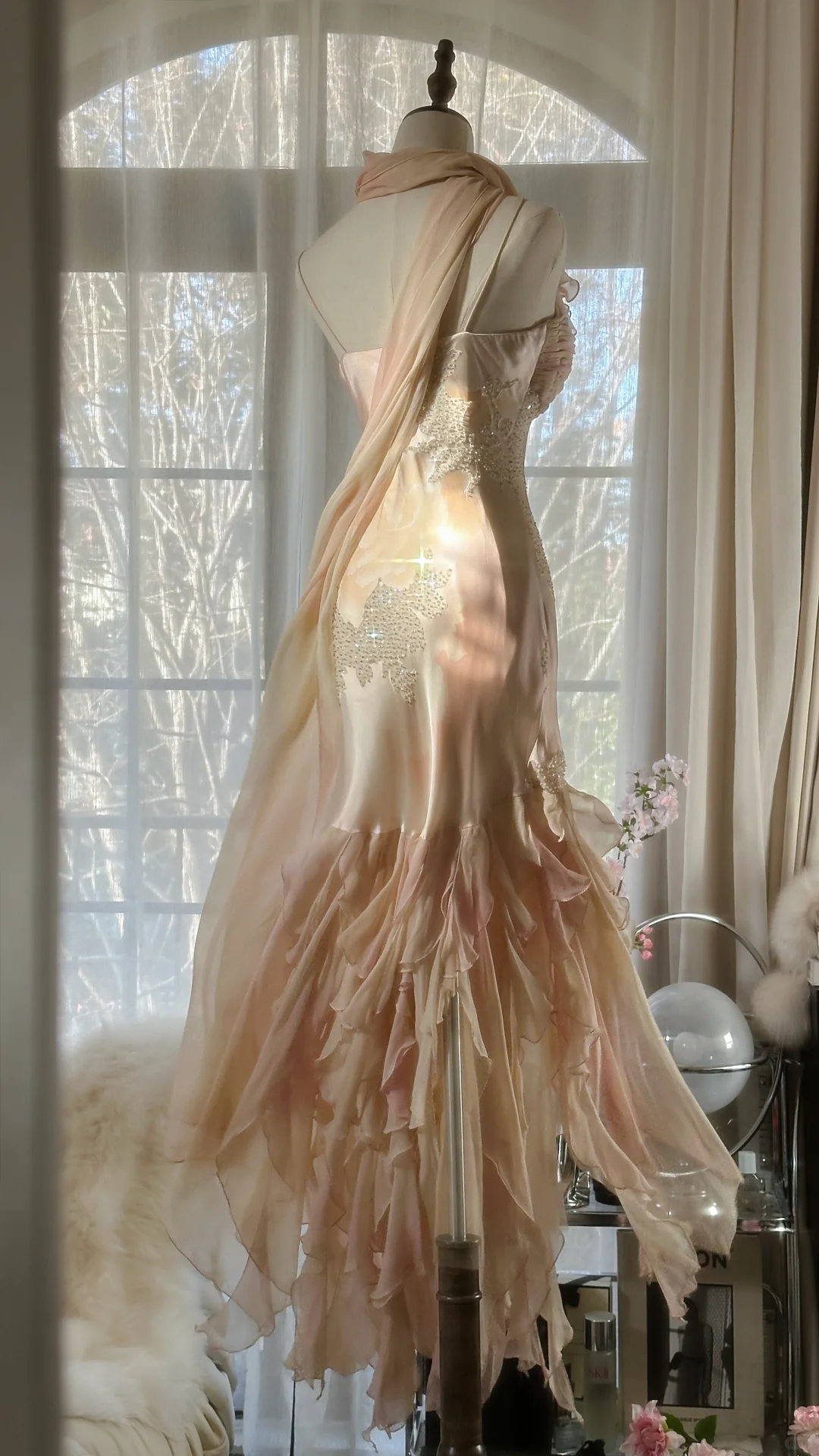 Fairy Pink Spaghetti Straps Mermaid Beaded Long Evening Dresses Birthday Outfits, D1071