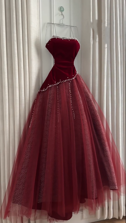 Elegant Strapless Royal Blue Velvet Tulle Beaded Long Party Dress Formal Birthday Prom Gowns SP2048