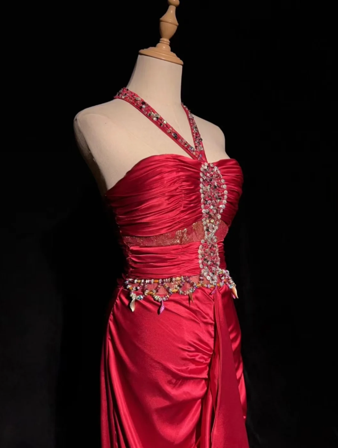 Pretty Halter Satin Pleated Beaded Cerise Pink Long Evening Dress Formal Wedding Guest Dress D1935