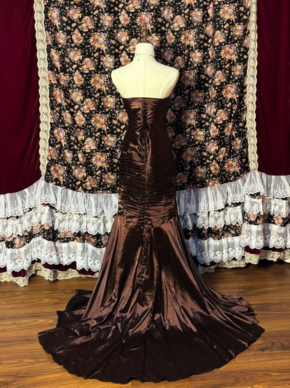 Vintage Strapless Chocolate Asymmetrical Satin Pleated Beaded Mermaid Long Party Dress Evening Dress Prom Dresses SP1600