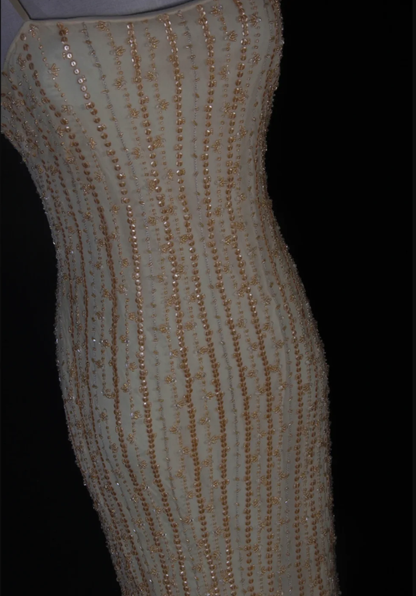 Classy Yellow Spaghetti Straps Chiffon Beaded Mermaid Long Party Dress Formal Birthday Evening Dress D2276