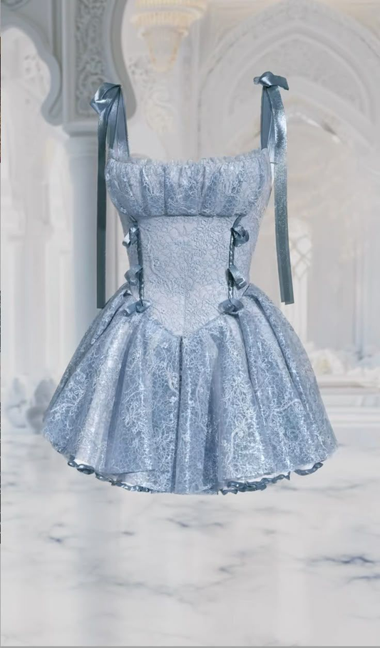 Pretty Spaghetti Straps Blue Lace Mini Grade Homecoming Dress Birthday Outfits S197