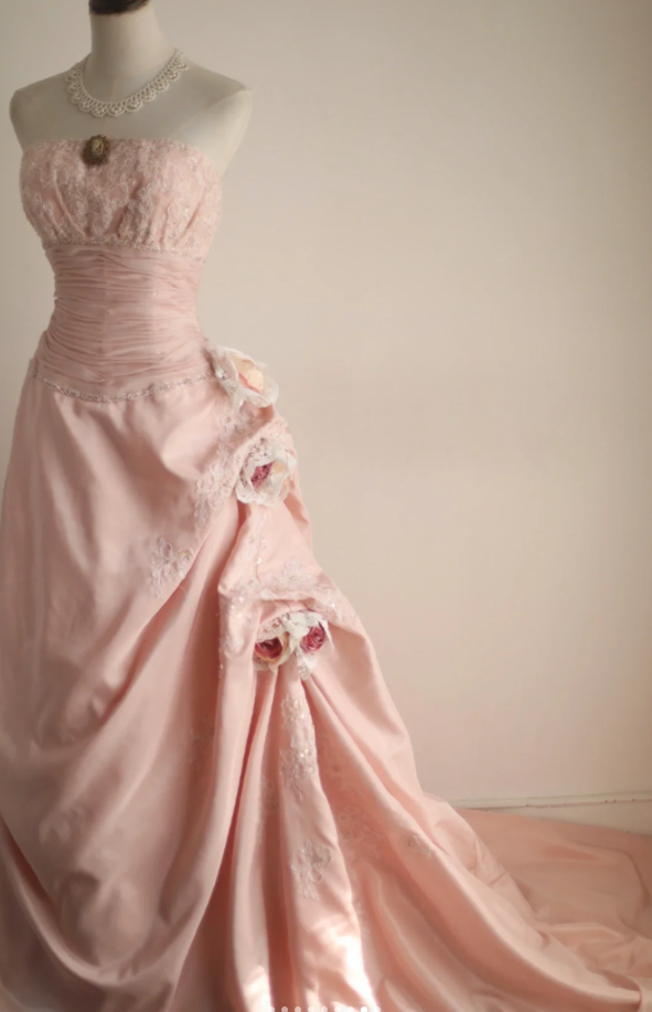 Pretty Pink Strapless Satin Lace Appliques Mermaid Long Party Dress Birthday Dress With 3D Flowers D2330