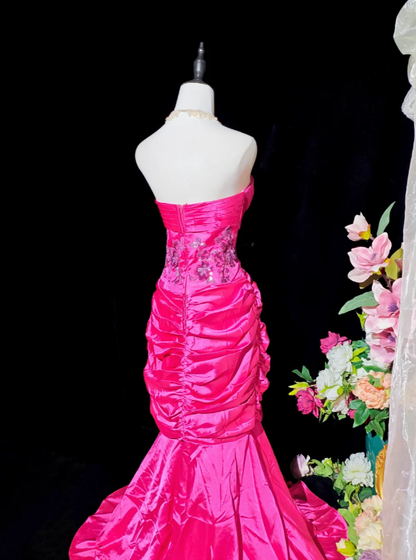 Sexy Hot Pink Satin Beaded Mermaid Long Party Dress Formal Wedding Guest Dress D2377