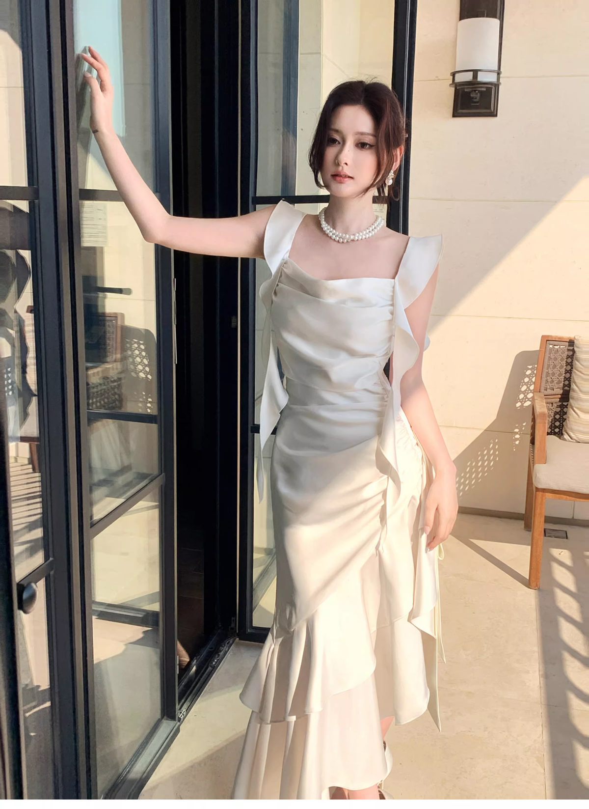 Elegant White Satin Ruffles Layered Mermaid Long Party Dress Prom Gown Formal Wedding Guest Dress SP1499