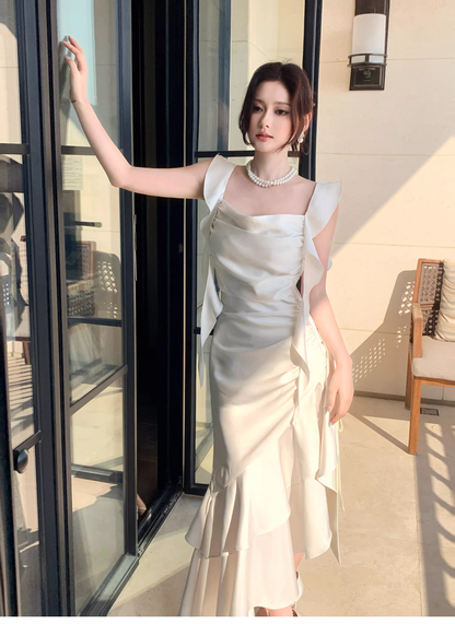 Elegant White Satin Ruffles Layered Mermaid Long Party Dress Prom Gown Formal Wedding Guest Dress SP1499