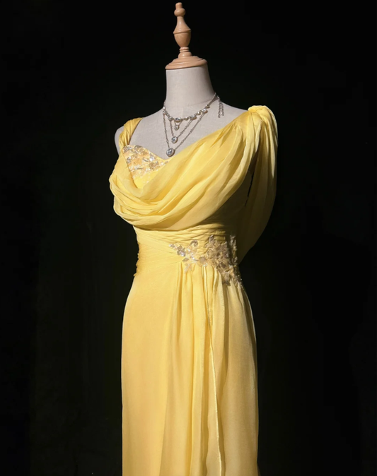 Glamorous Yellow Chiffon Sequin Mermaid Long Party Dress Prom Gown Formal Wedding Guest Dress