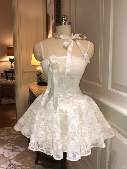New Homecoming Dress Spaghetti Strap Flower Lace Dress Back to School Outfits Party Dress  D6399