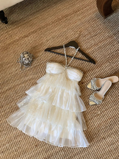 New Homecoming Dress Halter Tulle Rinestone Dress Back to School Outfits Party Dress  D6390