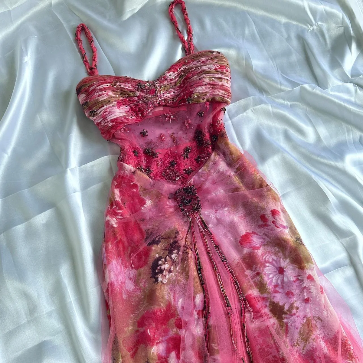 Pretty Pink Chiffon Printed Floral Beaded Mermaid Prom Dress Long Evening Dress Y9772