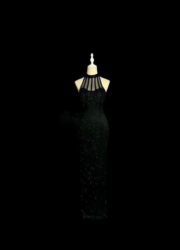 Black halter-neck, fitted waist, and bodycon sexy ball gown R6606