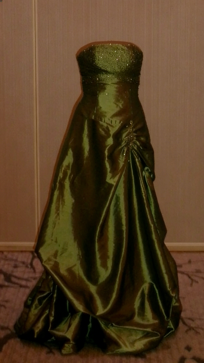 Elegant Olive Green Strapless Satin Sequin Long Birthday Party Dress Evening Gown