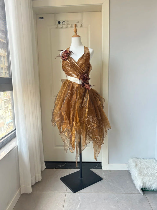 New Homecoming Dress Halter Feather Pleated Back to School Outfits Party Dress  D6486