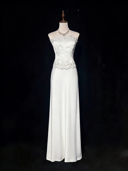 Classy Light Blue Strapless Satin Mermaid Long Wedding Guest Dress Formal Birthday Evening Dress SP1390