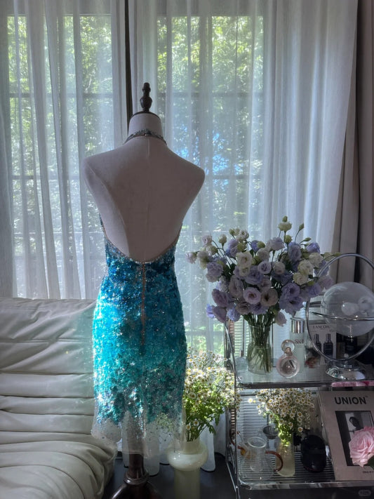 Shiny Homecoming Dress Halter Sequins Dress Back to School Outfits Party Dress  D6436
