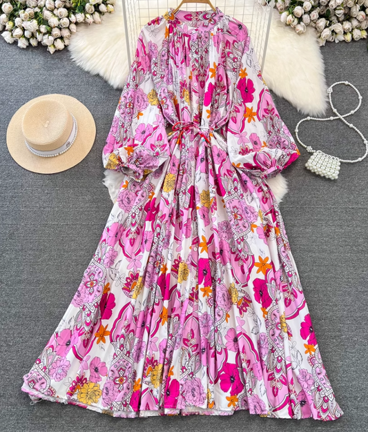 Fashion lantern long sleeve round neck waist a-line print irregular dress elegant long skirt R0404