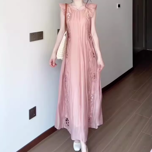 Women's pink small flying sleeve dress gentle sweet style loose long skirt R0725