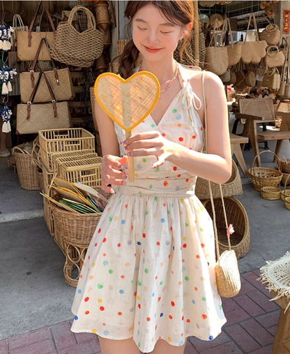 V-neck polka dot halter neck a-line dress women's summer French waist skirt R4661