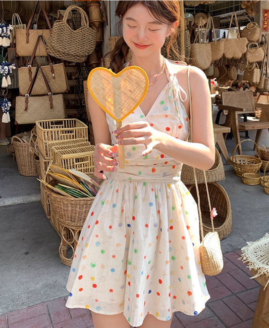 V-neck polka dot halter neck a-line dress women's summer French waist skirt R4661