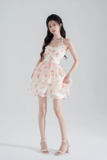 Super fairy new halter neck printed chiffon dress pure summer girl cake skirt fairy skirt female R4112