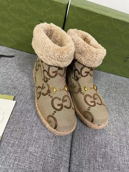 Gucci 2025 Monogram Boot Ebony Beige Canvas Wool 564788