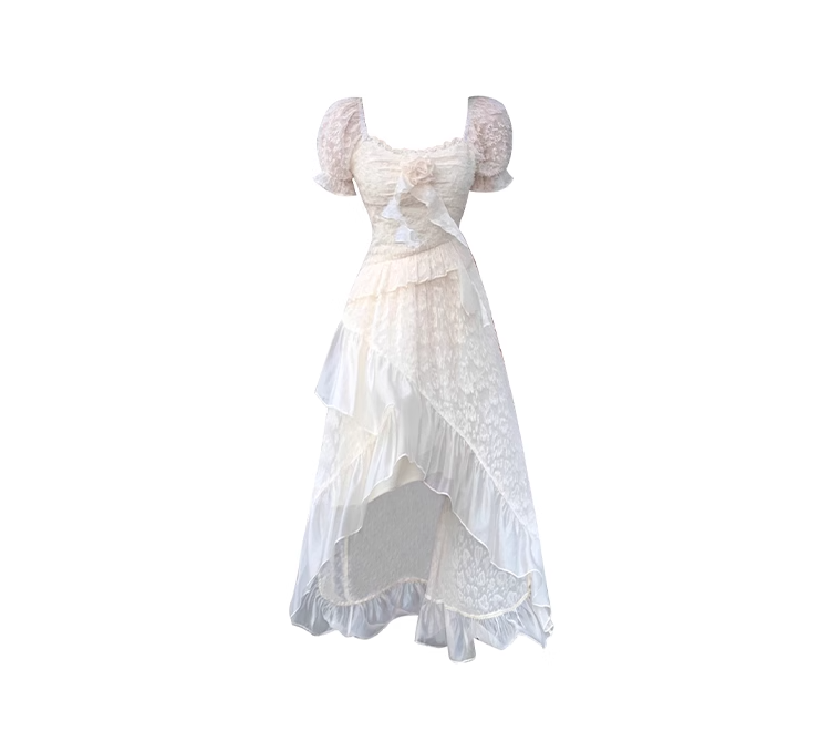 Fragrant mist white tea temperament flower snowflake velvet splicing design skirt dress R0050
