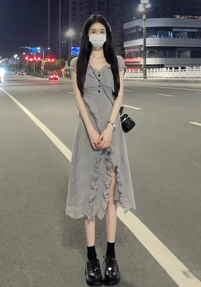 Silver Moonlight Long Ruffled Dress Square Neck Slimming Slit Long Dress Women R0077