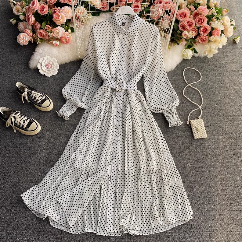 Polka dot chiffon shirt collar dress new style gentle style waist large swing pleated long skirt R0316