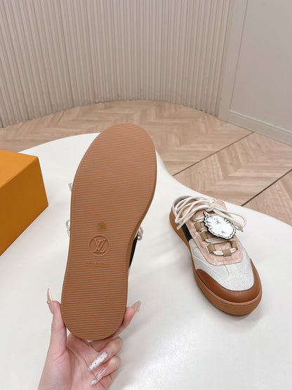 LV 2026 Lous Open Back Sneaker White Brown Canvas Leather 595416